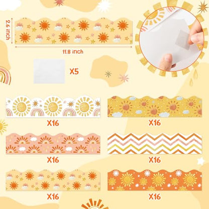 BeYumi 96Pcs Boho Sun Themed Bulletin Board Borders Boho Hippie Sunshine Scalloped Border Trim Decoration Set Rainbow Sun Holiday Back to School Classroom Office Party Chalkboard Blackboard Decor - style: Boho Sun