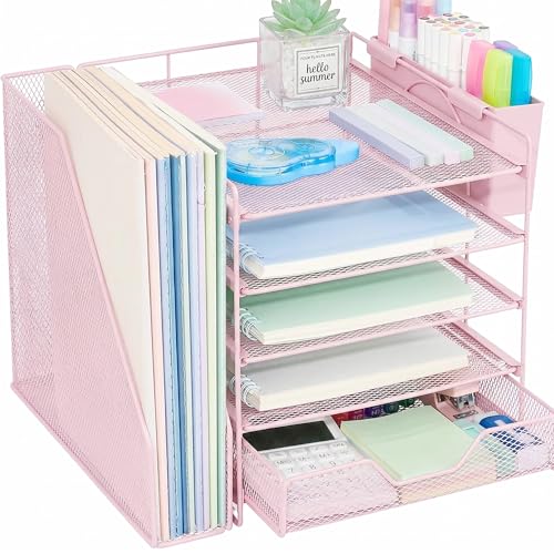 Desk Organizers and Accessories, 5-Tier Paper Letter Tray Organizer with File Holder, Drawer & Pen Holder, Office Desk Accessories, Desktop Organizer for Classroom Office Supplies, Pink - color: Pink