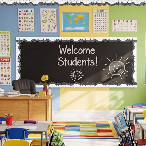 Kolldenn 68.9ft Black and White Bulletin Board Border Black White Squiggles and Stripes Classroom Borders Trim Rolled Die Cut for Bulletin Board Chalkboard School Teachers Wall Decor(Composition Dots) - style: Composition Dots