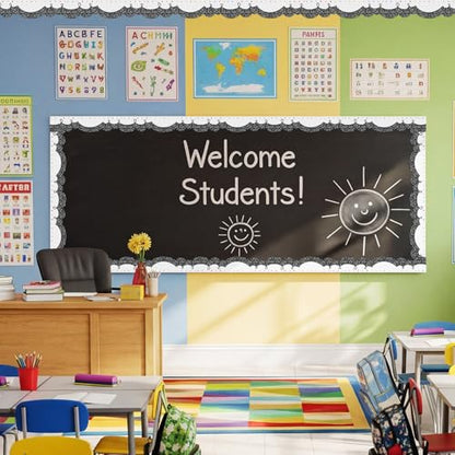 Kolldenn 68.9ft Black and White Bulletin Board Border Black White Squiggles and Stripes Classroom Borders Trim Rolled Die Cut for Bulletin Board Chalkboard School Teachers Wall Decor(Composition Dots) - style: Composition Dots