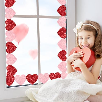 Whaline 65.6ft Heart Bulletin Board Border Glitter Pink Red Heart Shaped Die-Cut Border Trim for Valentine's Day Anniversary Chalkboard Decoration - style: Red Pink Heart