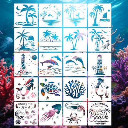 6Inch Stencils for Painting,20Pcs Summer Beach Sea Painting Stencils for Birthday Gifts,Large Reusable Painting Templates for DIY Crafts Scrabooking Painting on Wood Wall Art Decor - size: 6 Inch Summer Sea Painting Stencils
