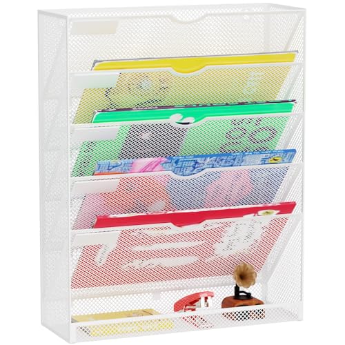Hanging Wall File Organizer 6 Tier Wall Mounted File Holder Document Wall Organizer Magazine Organization for Office Home, White - color: White, size: 6 Tier Ver.B