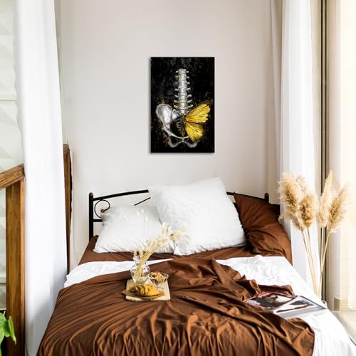 iKNOW FOTO Anatomical Spine Wall Art with Gold Butterfly 16x24 Inch Medical Skeleton Canvas Print for Doctor Office Nurse Station Physical Therapy Clinic Decor Ready to Hang