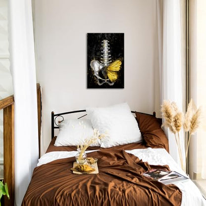 iKNOW FOTO Anatomical Spine Wall Art with Gold Butterfly 16x24 Inch Medical Skeleton Canvas Print for Doctor Office Nurse Station Physical Therapy Clinic Decor Ready to Hang