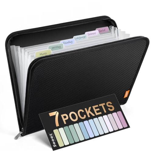 Sooez 7 Pockets Accordion File Organizer, Zipper Expanding File Folder, Heavy Duty Folder Organizer, Sleek Letter Size Accordion Folder, Portable Expandable File Folder, 14 x 11.2 Inch, Black - color: Black, style: 7 Pocket