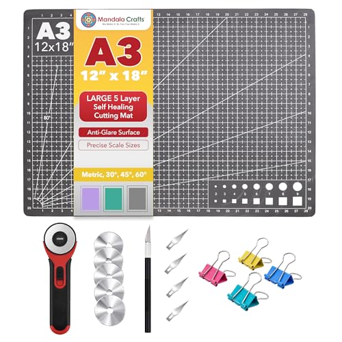 Mandala Crafts Self-Healing Cutting Mat Set – 12" x 18" A3 Black Gray Double-Sided 5-Ply Mat with Fabric Cutter, Quilt Ruler & Craft Knife for Sewing, Quilting, Leather & Scrapbooking - color: Black Combo, size: 12 x 18 Inches Mat Combo