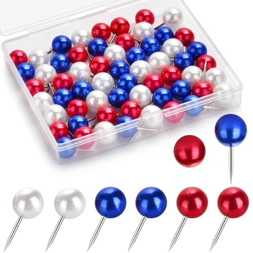 60 Pcs Push Pins, Thumb tacks for Decorative Wall, Pearl White Blue Red Thumbtacks for Bulletin Board Corkboard Map Calendar Photo Home Office - color: Pearl White,blue,red