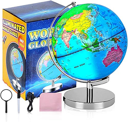 POOCCI 6 in1 Illuminated World Globe for Kids & Adults All Ages High Clear Map, Illuminates Educational Interactive STEM Toy, Light Up Kids Globe Lamp,Gifts For Boys And Girls - size: 9Inch