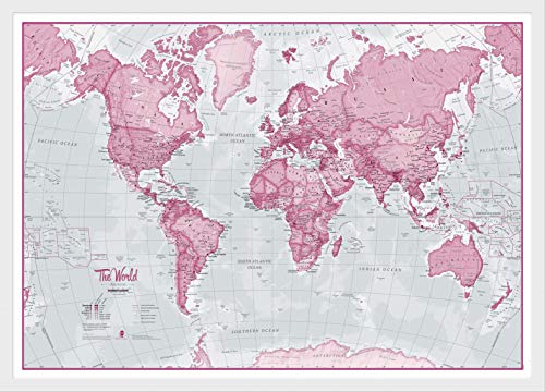 Maps International Small The World is Art Wall Map - Pink - Push Pin Board Mounted with White Wood Frame - 18 x 24 - size: 24 x 18 Wood Frame White