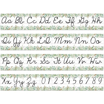 Set of 9 Cursive Writing Bulletin Board Cursive Alphabet Wall Strip for Teacher Supplies, Classroom Teaching Tool, Homeschooling, Kids Education (Eucalyptus) - style: Eucalyptus