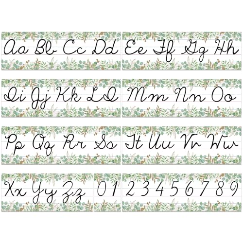 Set of 9 Cursive Writing Bulletin Board Cursive Alphabet Wall Strip for Teacher Supplies, Classroom Teaching Tool, Homeschooling, Kids Education (Eucalyptus) - style: Eucalyptus