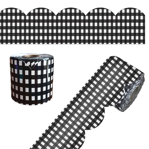 Carson Dellosa Farmhouse 65Ft of Black and White Gingham Bulletin Board Borders, 1 Roll of Scalloped Trim for Rolling Whiteboard, Cork and Posterboard, Party, Office Decorations, and Classroom Decor - color: Black Gingham, style: Scalloped