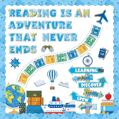 Reading Travel Bulletin Board Decorations Set Blue Reading is an Adventure Bulletin Board Classroom Decorations Motivational Signpost Paper Cutouts for Back to School Library Chalkboard Wall Decor - style: Blue Travel