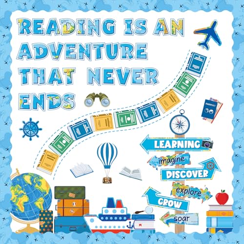 Reading Travel Bulletin Board Decorations Set Blue Reading is an Adventure Bulletin Board Classroom Decorations Motivational Signpost Paper Cutouts for Back to School Library Chalkboard Wall Decor - style: Blue Travel