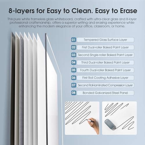 MaxGear Tempered Glass Whiteboard Dry Erase Board 48x30 Inch Ultra White | Magnetic Steel,Frameless Design,Smooth Writing,Ghost Free,Wall Mounted,Accessory Kits,Office Classroom Conference Room Use - color: Brilliance White, size: 48"W x 30"H