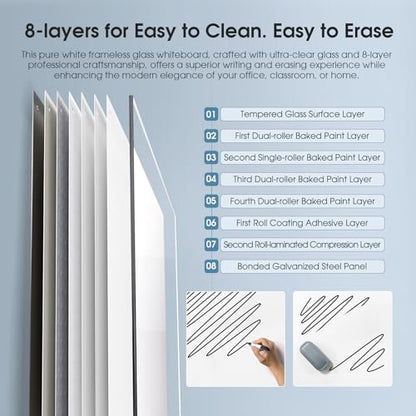 MaxGear Tempered Glass Whiteboard Dry Erase Board 48x30 Inch Ultra White | Magnetic Steel,Frameless Design,Smooth Writing,Ghost Free,Wall Mounted,Accessory Kits,Office Classroom Conference Room Use - color: Brilliance White, size: 48"W x 30"H