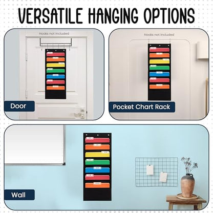 Essex Wares - 7 Pocket File Pocket Chart, Black, Tall - Versatile Wall Hanging File Folder Organizer for Classroom, Office, Home, and More - Wall Folder Organizer - 7 Pockets - size: 7 Pocket