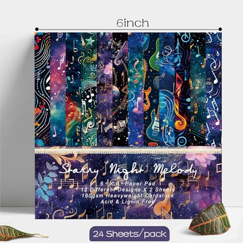 Cosmic Galaxy Scrapbook Paper Pad, 6 x 6 Inch Musical Note & Guitar 160gsm Cardstock for Scrapbooking, 24 Sheets Watercolor Starry Night Paper for Junk Journaling, Card Making - color: 21011A - 6×6