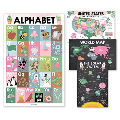 Hadley Designs 4 Cactus Pre K Learning Posters For Toddlers 1-3 - ABC Posters, 9 Classroom Decor, Classroom Motivational Posters, Solar System Poster For Kids Maps, Classroom Rules