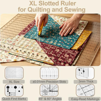 Slotted Quilting Ruler 17.75" x 22" – XL Slotted Ruler for Precision Fabric Cutting, with A2 Self-Healing Mat & 2 Blades, Quilting Supplies Kit for Crafting - size: Extra Large