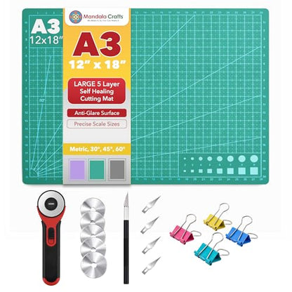 Mandala Crafts Self-Healing Cutting Mat Set – 12" x 18" A3 Green Double-Sided 5-Ply Mat with Fabric Cutter, Quilt Ruler & Craft Knife for Sewing, Quilting, Leather & Scrapbooking - color: Green Combo, size: 12 x 18 Inches Mat Combo