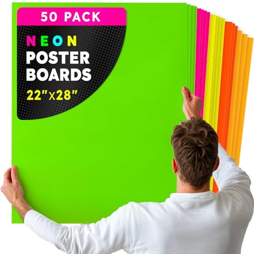 Hygloss Medium Poster Board 22x28 - 50 Assorted Neon Color Bulk Pack - 10 Pt. Thickness Colored Poster Board Paper for Projects, Signs, Displays - Posterboard Multipack 22" x 28" - color: Assorted Neon Colors, size: 22 x 28-Inch, style: 50 Sheets