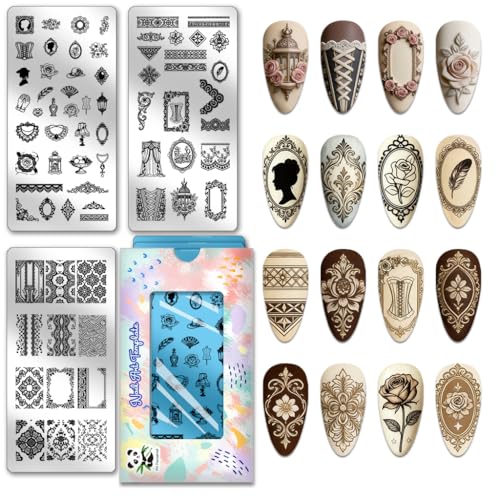 PH PandaHall 3pcs Lace Pattern Nail Stamping Plates Vintage Picture Frame Nails Art Templates Retro Flower Nails Design Stamp Boho Nail Stamper Plate for Women DIY Manicures Salon Gift Supplies - style: Lace