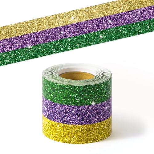 BeYumi Mardi Gras Border Trim - 65ft Mardi Gras Straight Rolled Border Trim Classic Glitter Yellow Purple Green Bulletin Board Set Carnival Holiday Masquerade Party School Classroom Home Wall Decor - style: Mardi Gras
