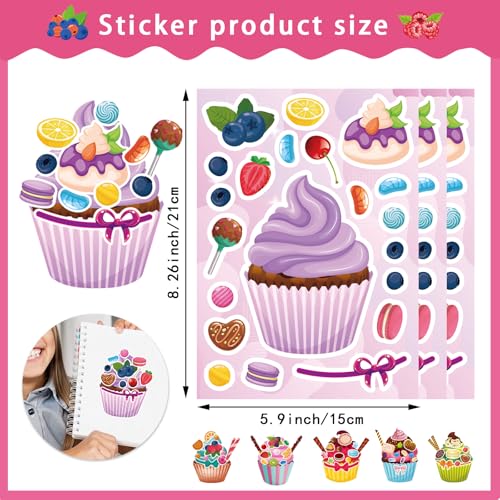 24 Sheets Make Your Own Cupcake Stickers for Kids - Make-a-Face Sticker, Dessert Stickers Mix and Match Sweets Fruit & Teacher Reward Supplies, Birthday Gifts - style: Cupcake