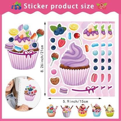 24 Sheets Make Your Own Cupcake Stickers for Kids - Make-a-Face Sticker, Dessert Stickers Mix and Match Sweets Fruit & Teacher Reward Supplies, Birthday Gifts - style: Cupcake