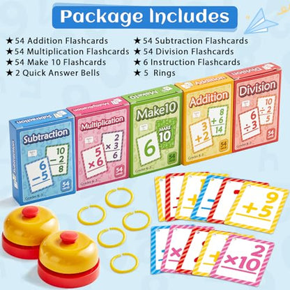 Math Flash Cards Set of 5 Addition Subtraction Division Multiplication Make 10 Games 276 Math Learning Double-Sided Flashcards with 5 Rings 2 Quick Answer Bells for Kids Kindergarten 1st 2nd 3rd Grade