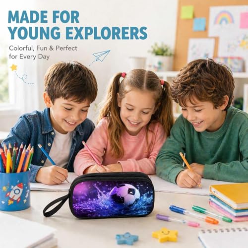 Firmiso Kids Pencil Case, Soccer Water Splash Graphic, Large Capacity Double Zipper Pencil Pouch with Compartments, Durable Polyester Stationery Organizer, Pen Bag for Boys Girls Teens - color: Soccer Water Splash