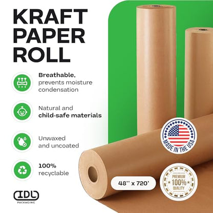 IDL Packaging 48" x 8640" (720 feet) - Brown Kraft Paper Roll - 50lb Thickness - USA-Made Heavy Duty Paper for Packing, Moving, Shipping, Crafts - 100% Recyclable Natural Kraft Wrapping Paper - color: Brown, size: 48"x720' (#50 Thick)