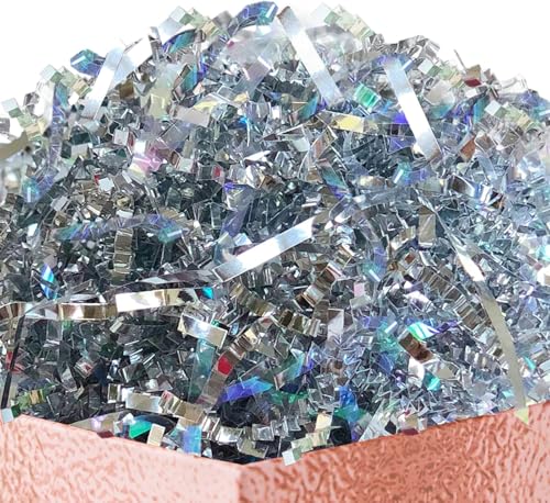 PAPER FAIR Metallic Iridescent Silver Crinkle Cut Paper Shredded Filler, 5OZ Sparkle Crystal Unicorn Silver Paper Shreds Raffia Tissue, Craft Bedding Cushion, For Christmas Gifts Wedding Birthday - color: Iridescent Silver