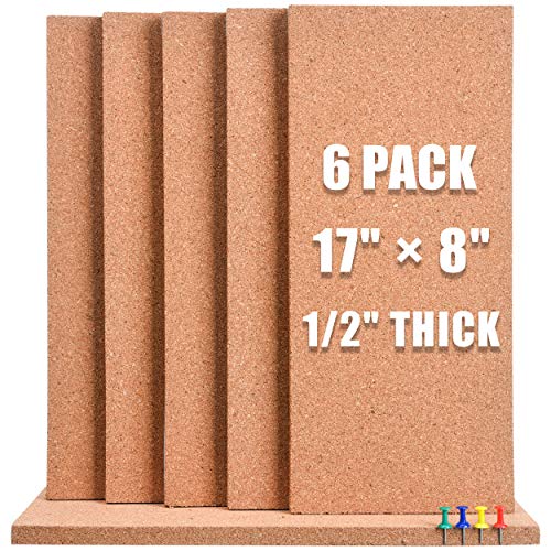 SUNGIFT 17 x 8 Inch Cork Bulletin Board 6 Pack, 1/2" Thick for Office/Home | Frameless Cork Tiles for School, Self-Adhesive Corkboards Wall Decor , 50 PCS Pushpins Included