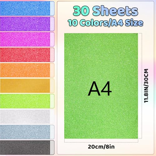 30 Sheets Glitter Cardstock, 10 Colors Self-Adhesive Glitter Paper, Premium Cardstock for Cricut, Glitters Sticker Paper for Crafts, DIY Projects, Sparkly Papers for Card Making