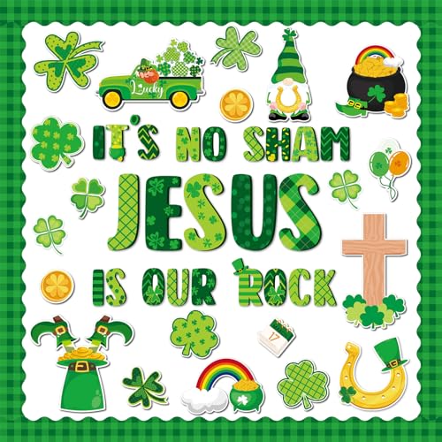 gisgfim St. Patrick's Day Jesus Bulletin Board Decorations Jesus is Our Rock Bulletin Board Set Happy St.Patrick Luck Shamrock Clover Cutouts Borders Decor for Irish Classroom Home Wall(St. Patrick's) - style: St. Patrick's Day Jesus