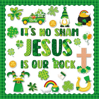 gisgfim St. Patrick's Day Jesus Bulletin Board Decorations Jesus is Our Rock Bulletin Board Set Happy St.Patrick Luck Shamrock Clover Cutouts Borders Decor for Irish Classroom Home Wall(St. Patrick's) - style: St. Patrick's Day Jesus