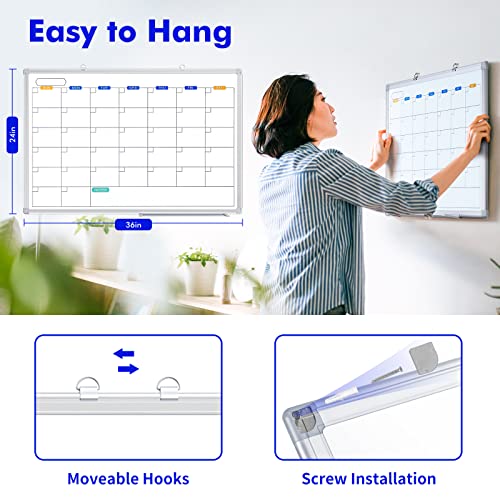 Dry Erase Calendar Whiteboard for Wall, 36" x 24" Magnetic Monthly White Board Calendar Dry Erase, Wall Hanging Aluminum Frame with Tray for Home, School, Office (Silver Frame) - size: 36"W x 24"H