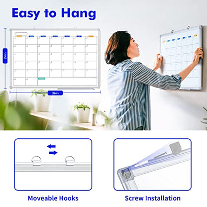 Dry Erase Calendar Whiteboard for Wall, 36" x 24" Magnetic Monthly White Board Calendar Dry Erase, Wall Hanging Aluminum Frame with Tray for Home, School, Office (Silver Frame) - size: 36"W x 24"H