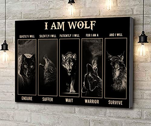 Canvas Wall Art Wildlife Lovers Poster I Am Wolf Quietly I Will Endure Poster Artwork Wall Art for Living Room Bedroom Bathroom Room Office Decor Framed 8''x12'' - color: white 1, size: 12"L x 8"W
