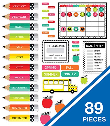 Schoolgirl Style Black, White & Stylish Brights Calendar Bulletin Board Set, Boho Monthly Wall Calendar With Numbers, Birthdays, Boho Decor, Weather and Days of the Week Chart, Classroom Decor (89 pc) - size: Large (Pack of 2)