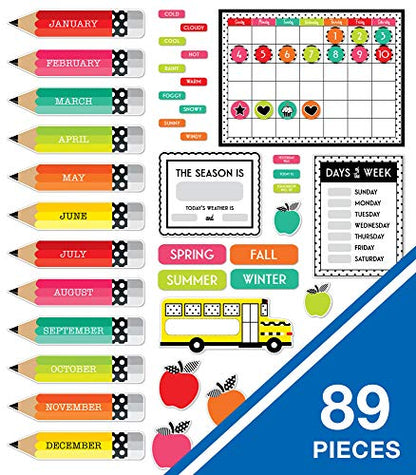 Schoolgirl Style Black, White & Stylish Brights Calendar Bulletin Board Set, Boho Monthly Wall Calendar With Numbers, Birthdays, Boho Decor, Weather and Days of the Week Chart, Classroom Decor (89 pc) - size: Large (Pack of 2)