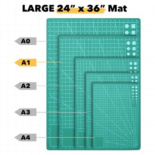 Mandala Crafts Self-Healing Cutting Mat Set – 24" x 36" A1 Green Double-Sided 5-Ply Mat with Fabric Cutter, Quilt Ruler & Craft Knife for Sewing, Quilting, Leather & Scrapbooking - color: Green Combo, size: 24 x 36 Inches Mat Combo