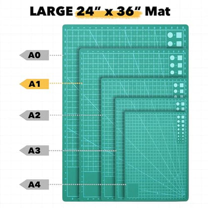 Mandala Crafts Self-Healing Cutting Mat Set – 24" x 36" A1 Green Double-Sided 5-Ply Mat with Fabric Cutter, Quilt Ruler & Craft Knife for Sewing, Quilting, Leather & Scrapbooking - color: Green Combo, size: 24 x 36 Inches Mat Combo