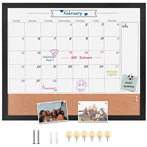 Dry Erase Calendar Whiteboard for Wall, Combination Magnetic Dry Erase White Board & Bulletin Board, 23.6" x 31.5" Wood Framed Calendar/Cork Combo Board(BK-6080) - color: Black, size: 23.6“×31.5”