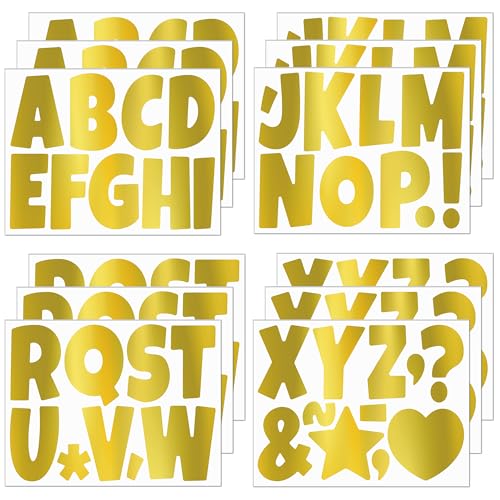 117 Pcs Bulletin Board Letters Large Letter Stickers 4 Inch Self Adhesive Vinyl Waterproof Alphabet Stickers for Poster Board Letters Mailbox Classroom School Home Decor (12, Gold) - color: Gold