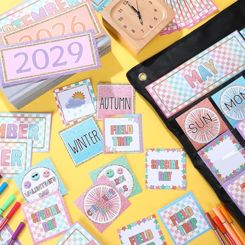 119 Pcs Classroom Calendar Pocket Chart Black Monthly Bulletin Board Set Seasons Festival Weather Farmhouse Calendar Set for Classroom Decoration Back to School Supplies(Pastel Checkerboard) - style: Pastel Checkerboard
