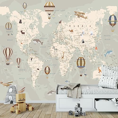Kids World Map Wallpaper with Animals–Peel and Stick Educational Decals–Nursery Murals for Baby, Toddlers,Boys, Kids Room–Removable Waterproof Decor for Bedroom, Classroom, Playroom(148W x 118.1H) - size: 148 x 118.1 inches